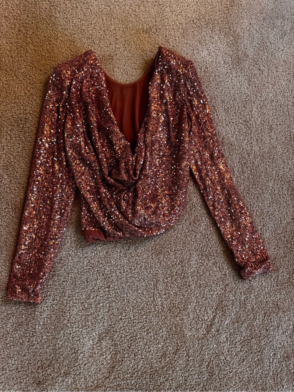 Lulu’s Rose Gold Sequin Long Sleeve Bodysuit L